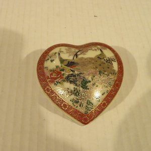 +Vintage Miyako Peacock/Floral Ceramic Heart Shaped Trinket Box Japan